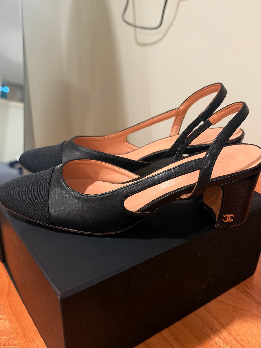CHANEL Black Slingback Block Heel Pumps
